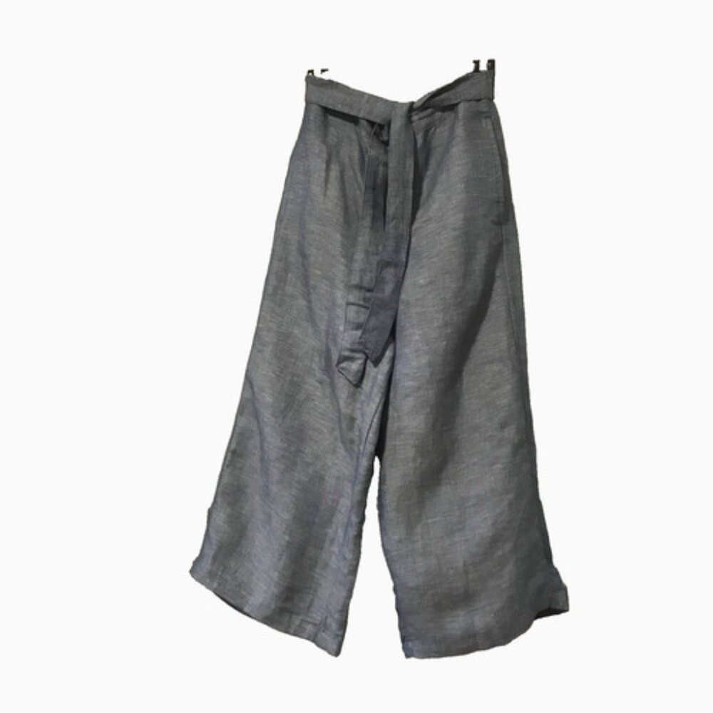 Wide Leg Capri Tie Elastic Waist Linen Blend Pants Size 6 Denim Blue